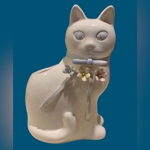 Vintage Ceramic Hand Painted Sitting Cat Figurine Vase Planter Brush Holder